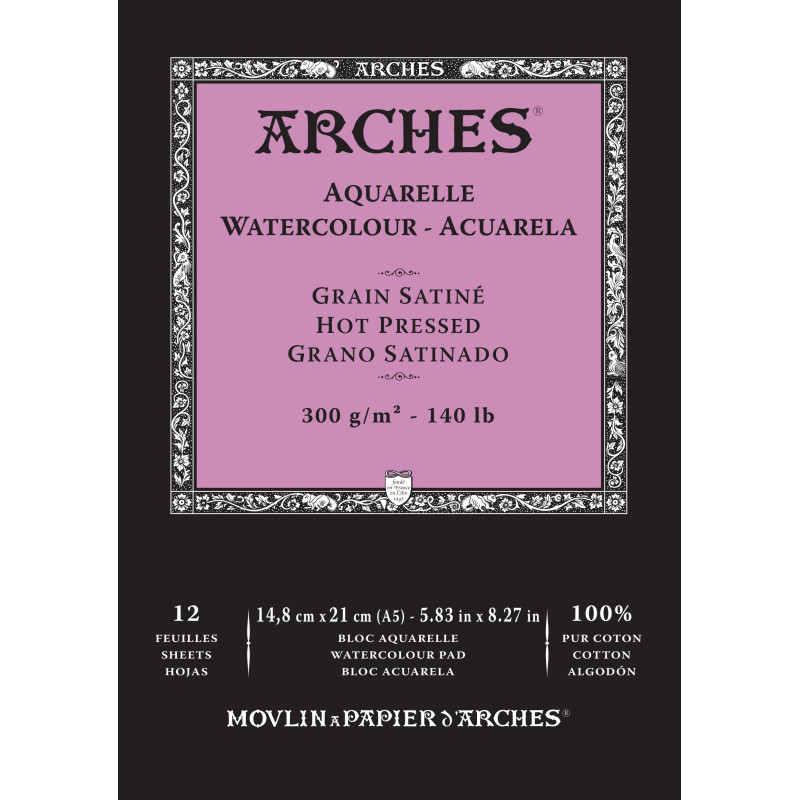 Arches Aquarelle Watercolour Pad, Hot Pressed, 12 sheets 300 gr